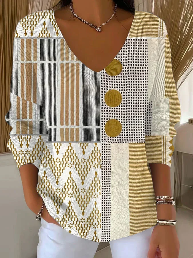 Women Abstract Long Sleeve Tee T-shirt V Neck Printing Casual Spring/Fall Top