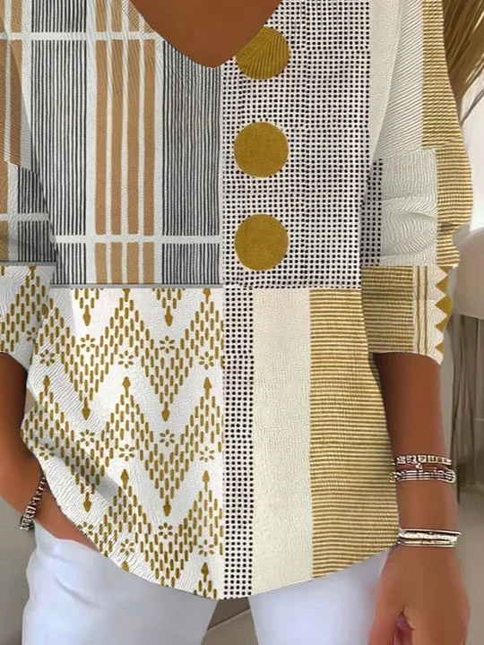 Women Abstract Long Sleeve Tee T-shirt V Neck Printing Casual Spring/Fall Top