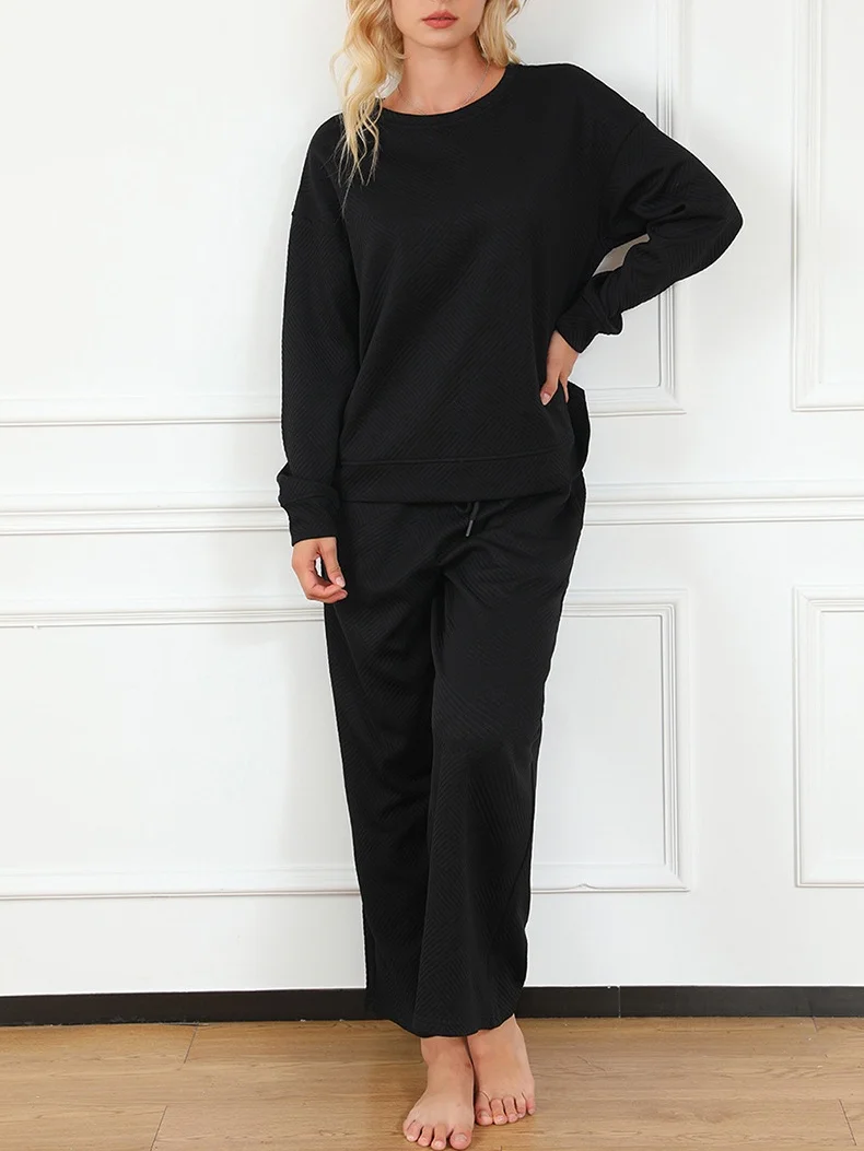 Women Plain Split Joint Two-Piece Set Daily Long Sleeve Casual Spring/Fall Top With Pants Matching Set