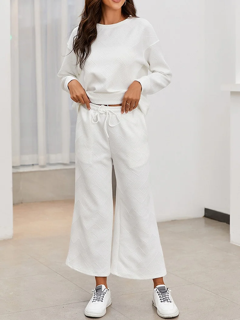 Women Plain Split Joint Two-Piece Set Daily Long Sleeve Casual Spring/Fall Top With Pants Matching Set