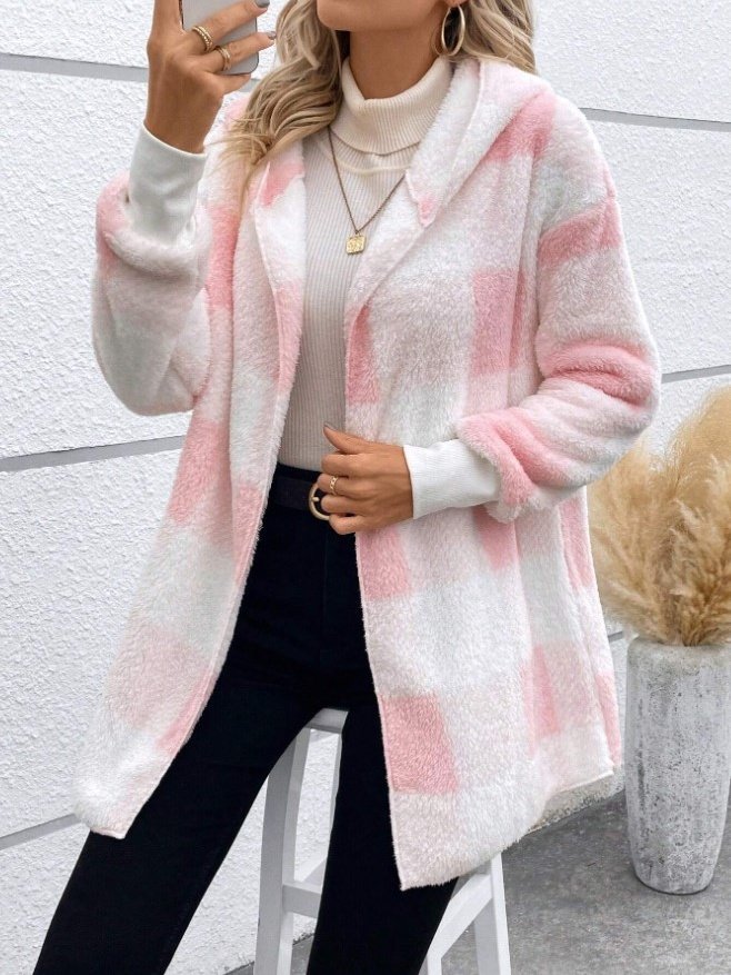 Women Spring/Fall Outerwear Vintage Split Joint Plaid Long Sleeve Hooded Jacket