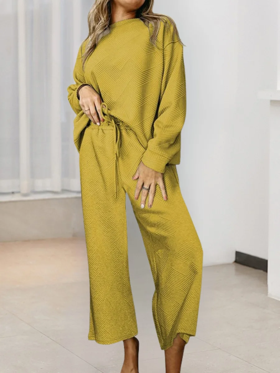 Women Plain Split Joint Two-Piece Set Daily Long Sleeve Casual Spring/Fall Top With Pants Matching Set
