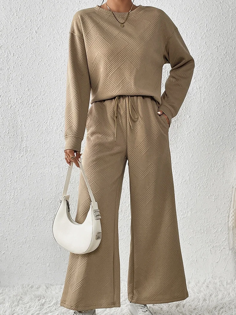 Women Plain Split Joint Two-Piece Set Daily Long Sleeve Casual Spring/Fall Top With Pants Matching Set
