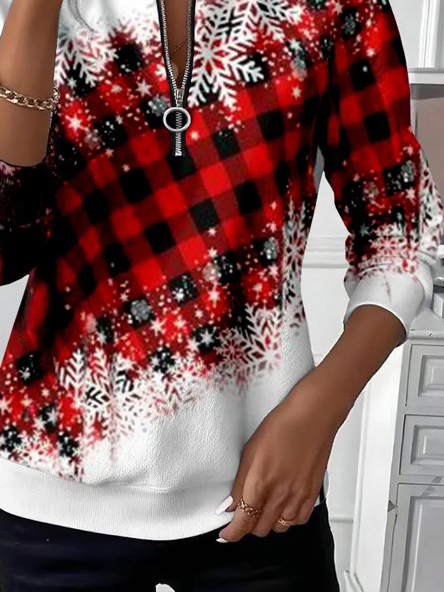 Women Plaid Crew Neck Printing Casual Spring/Fall Long Sleeve Sweatshirt