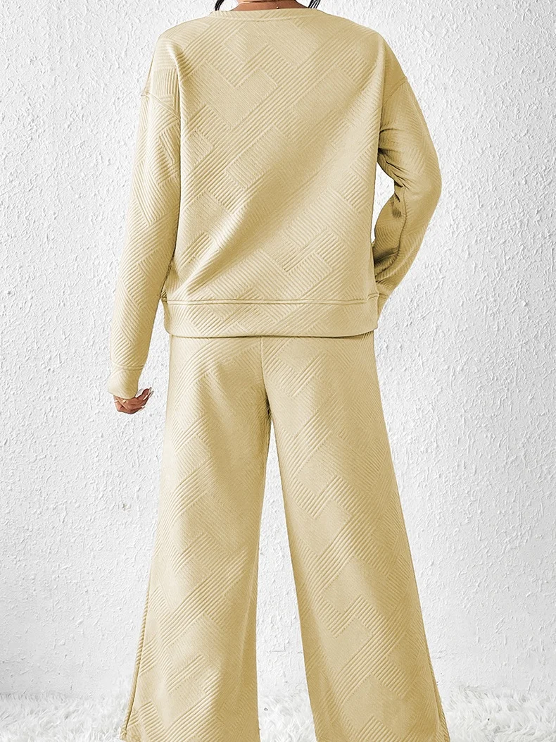 Women Plain Split Joint Two-Piece Set Daily Long Sleeve Casual Spring/Fall Top With Pants Matching Set