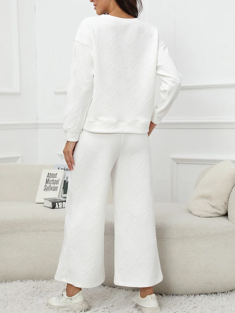 Women Plain Split Joint Two-Piece Set Daily Long Sleeve Casual Spring/Fall Top With Pants Matching Set