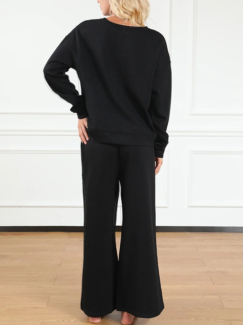 Women Plain Split Joint Two-Piece Set Daily Long Sleeve Casual Spring/Fall Top With Pants Matching Set