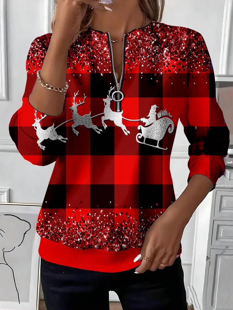 Women Plaid Crew Neck Printing Casual Spring/Fall Long Sleeve Sweatshirt