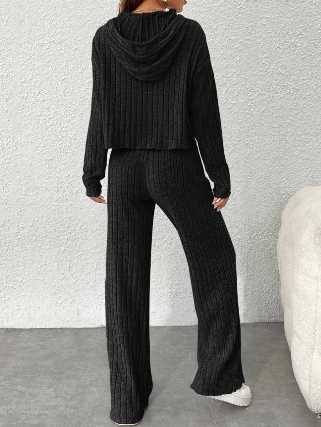Women Plain Embossed Two-Piece Set Daily Long Sleeve Casual Spring/Fall Top With Pants Matching Set