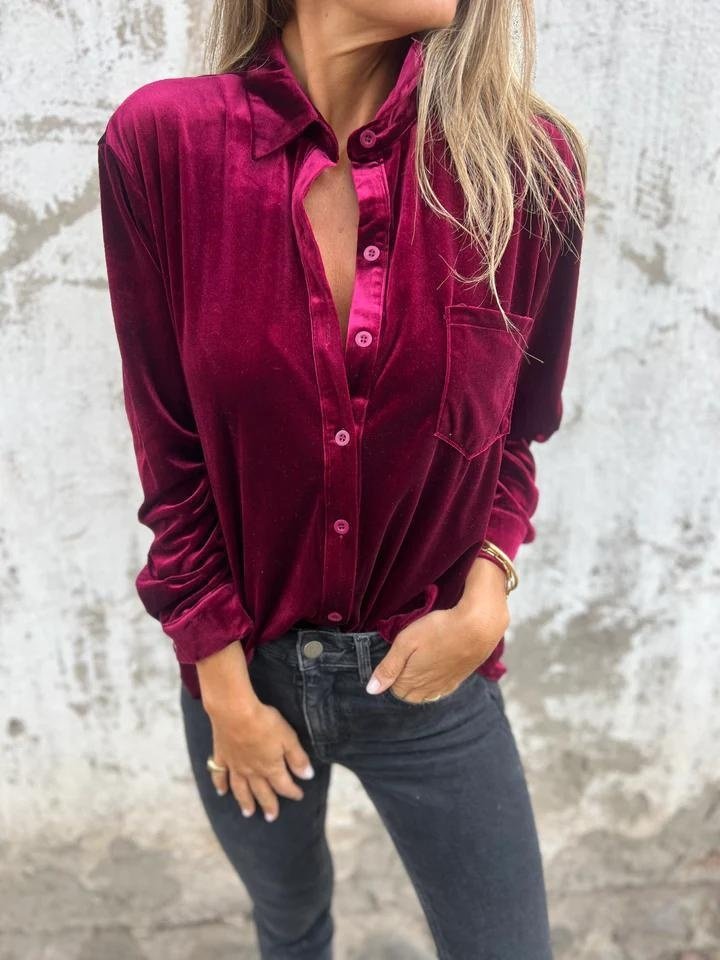 Women Plain Long Sleeve Shirt Spring/Fall Split Joint V Neck Daily Casual Top