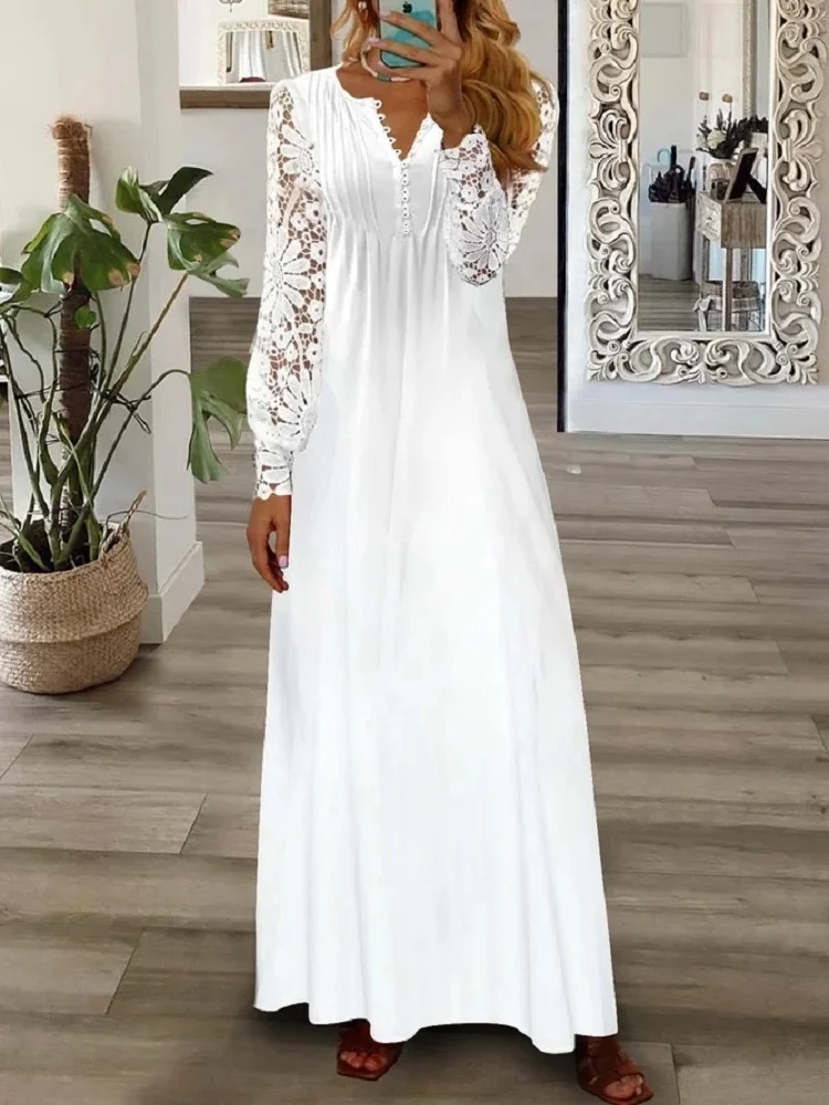 Women Floral Long Sleeve Spring/Fall Printing Dress V Neck Daily Vintage Maxi T-Shirt Dress A-Line Dress