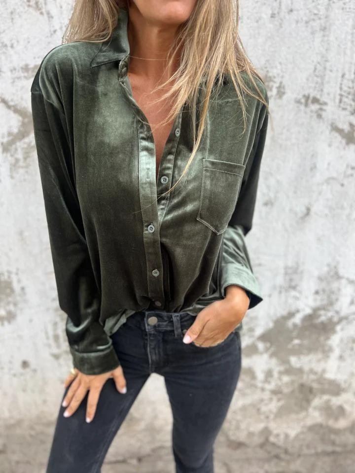 Women Plain Long Sleeve Shirt Spring/Fall Split Joint V Neck Daily Casual Top