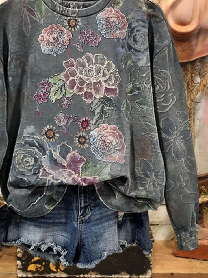 Women Floral Crew Neck Printing Casual Spring/Fall Long Sleeve Sweatshirt