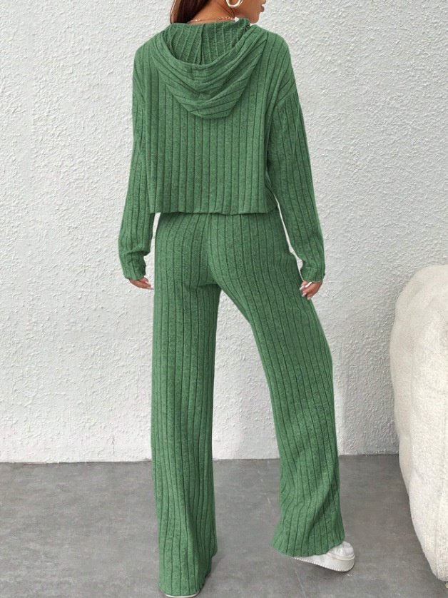 Women Plain Embossed Two-Piece Set Daily Long Sleeve Casual Spring/Fall Top With Pants Matching Set