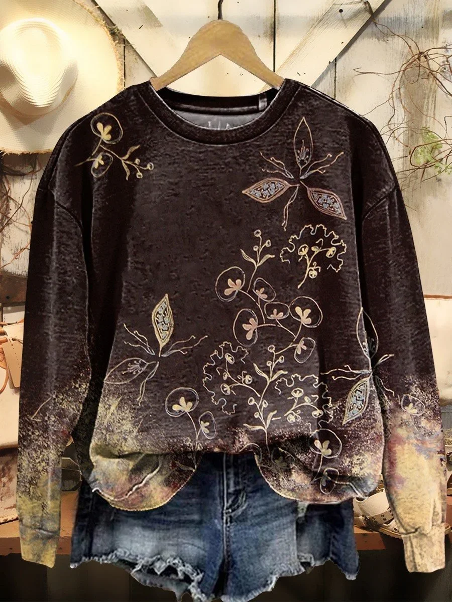 Women Floral Crew Neck Printing Casual Spring/Fall Long Sleeve Sweatshirt