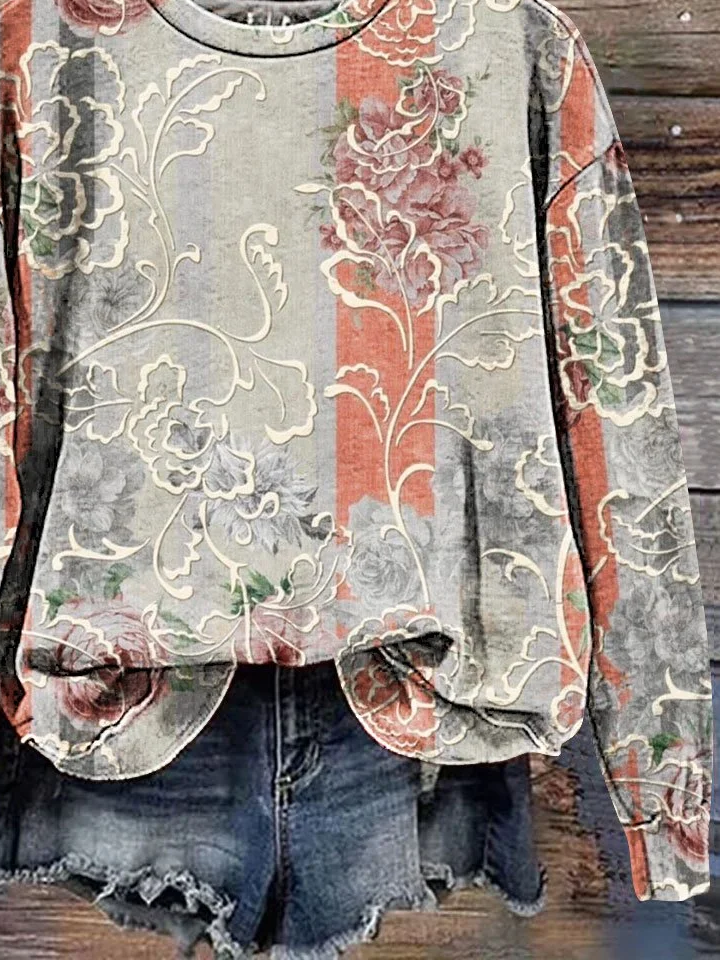 Women Floral Crew Neck Printing Casual Spring/Fall Long Sleeve Sweatshirt