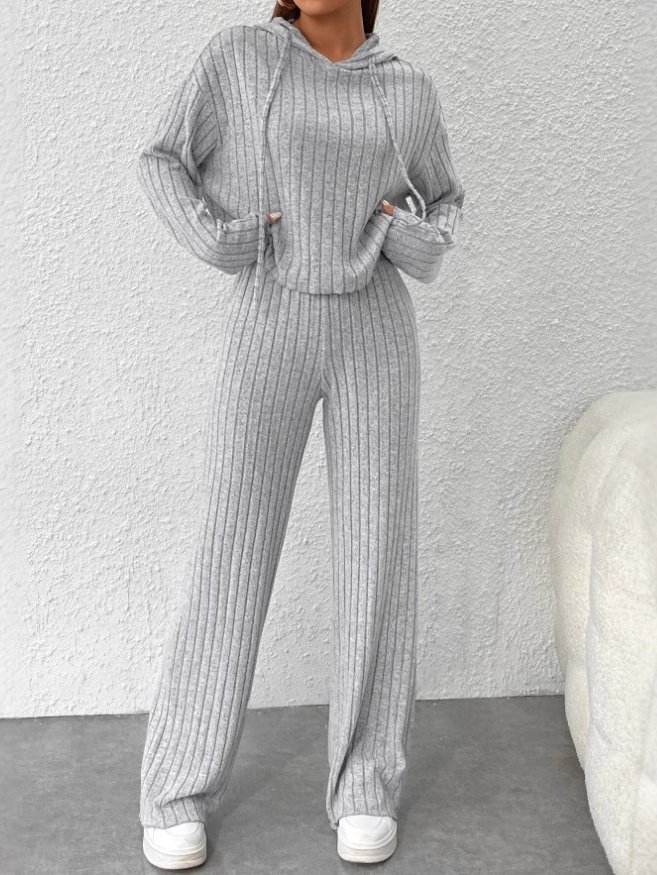Women Plain Embossed Two-Piece Set Daily Long Sleeve Casual Spring/Fall Top With Pants Matching Set