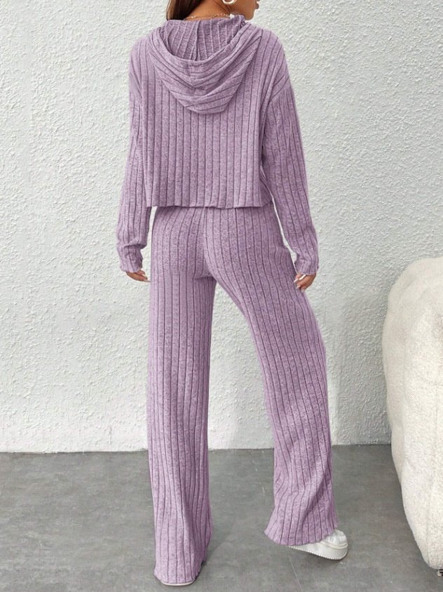 Women Plain Embossed Two-Piece Set Daily Long Sleeve Casual Spring/Fall Top With Pants Matching Set