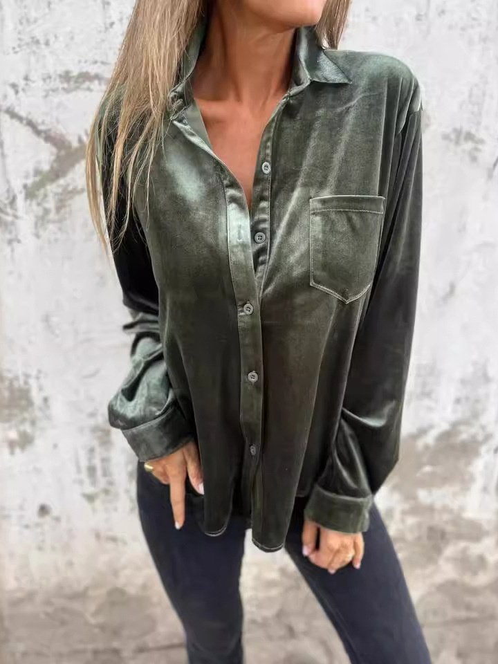 Women Plain Long Sleeve Shirt Spring/Fall Split Joint V Neck Daily Casual Top
