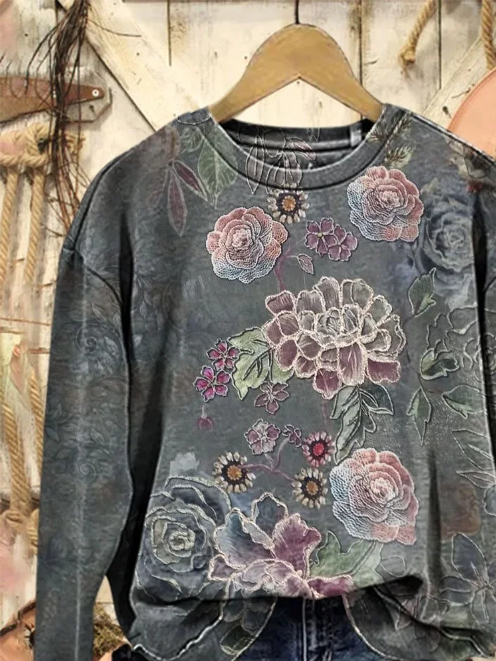 Women Floral Crew Neck Printing Casual Spring/Fall Long Sleeve Sweatshirt