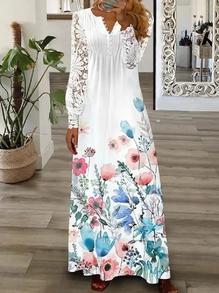 Women Floral Long Sleeve Spring/Fall Printing Dress V Neck Daily Vintage Maxi T-Shirt Dress A-Line Dress