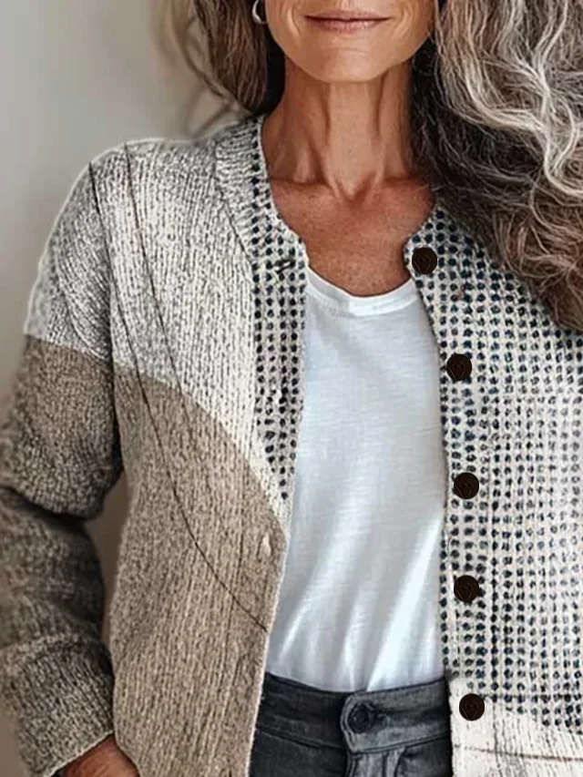 Women Abstract Printing Long Sleeve Crew Neck Vintage Spring/Fall Cardigan Outerwear