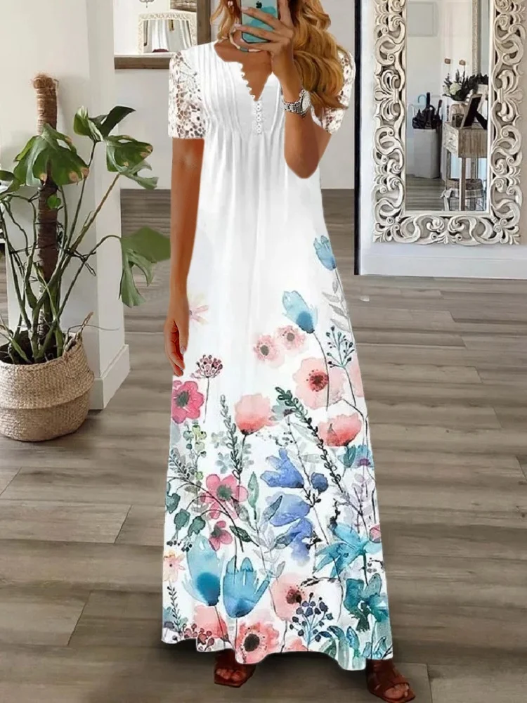 Women Floral Long Sleeve Spring/Fall Printing Dress V Neck Daily Vintage Maxi T-Shirt Dress A-Line Dress