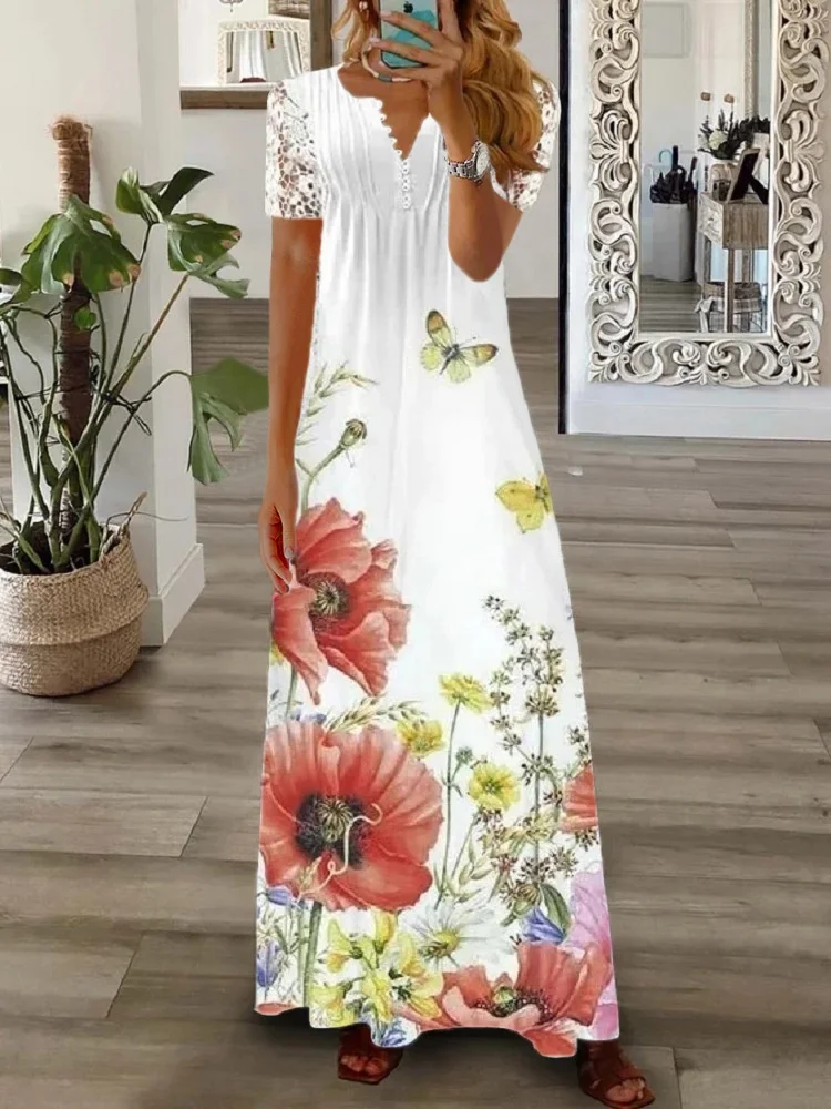 Women Floral Long Sleeve Spring/Fall Printing Dress V Neck Daily Vintage Maxi T-Shirt Dress A-Line Dress