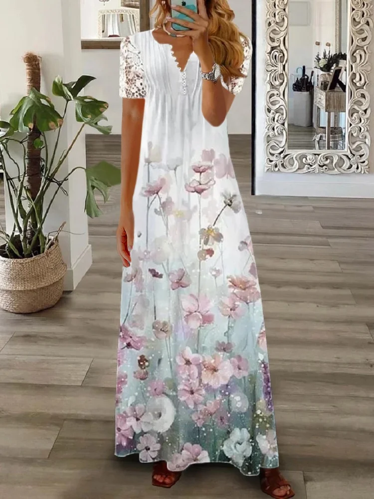 Women Floral Long Sleeve Spring/Fall Printing Dress V Neck Daily Vintage Maxi T-Shirt Dress A-Line Dress