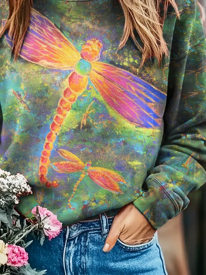 Women Dragonfly Crew Neck Printing Casual Spring/Fall Long Sleeve Sweatshirt