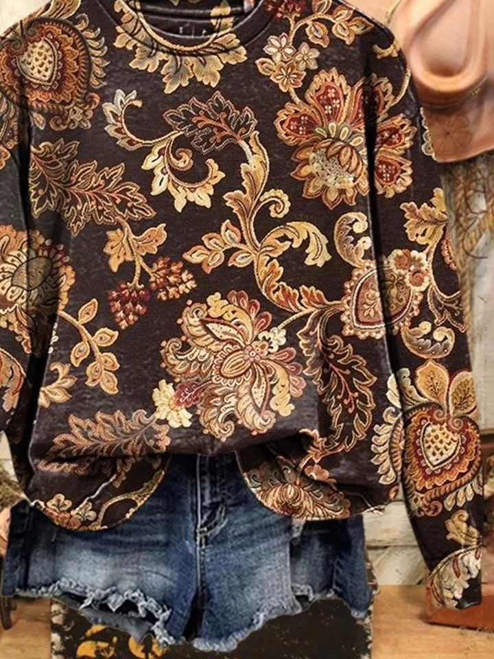 Women Floral Crew Neck Printing Casual Spring/Fall Long Sleeve Sweatshirt