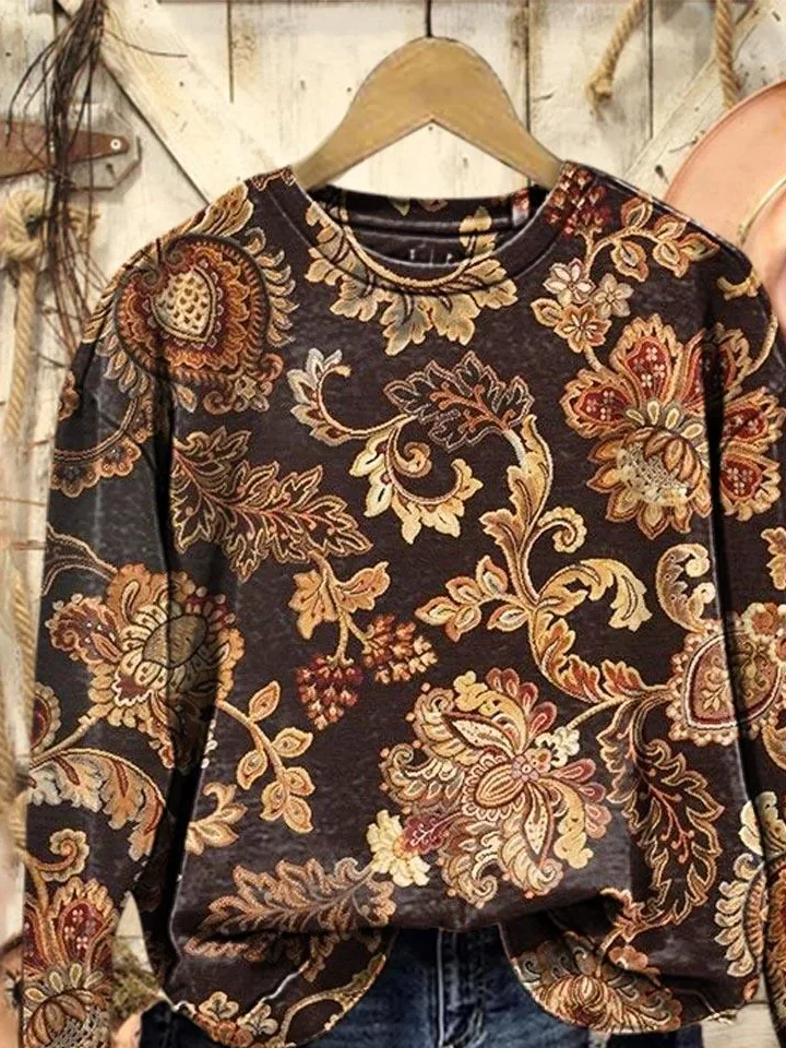 Women Floral Crew Neck Printing Casual Spring/Fall Long Sleeve Sweatshirt