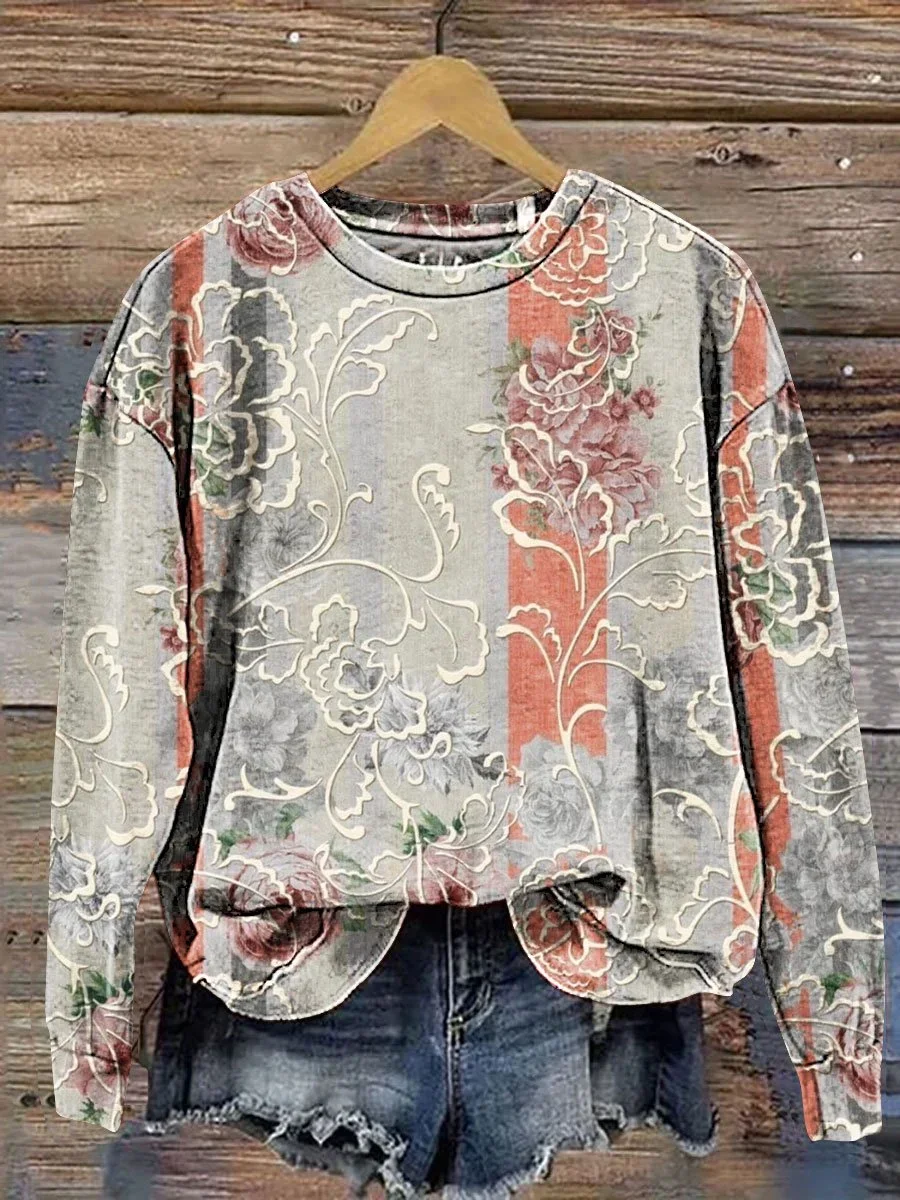 Women Floral Crew Neck Printing Casual Spring/Fall Long Sleeve Sweatshirt