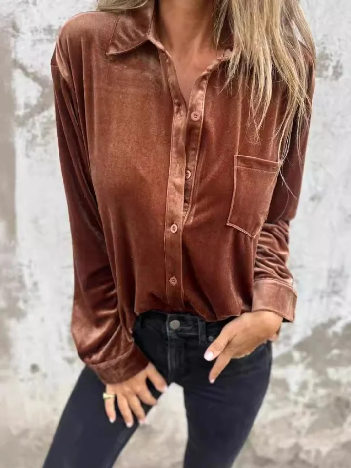 Women Plain Long Sleeve Shirt Spring/Fall Split Joint V Neck Daily Casual Top