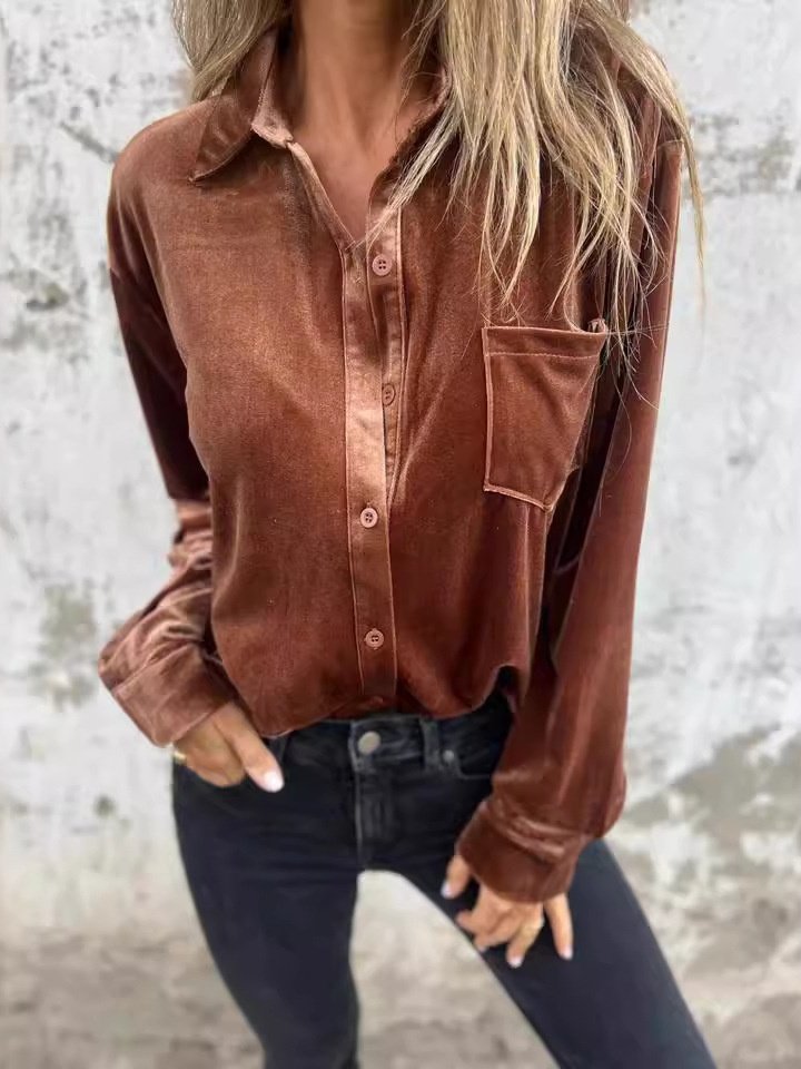 Women Plain Long Sleeve Shirt Spring/Fall Split Joint V Neck Daily Casual Top