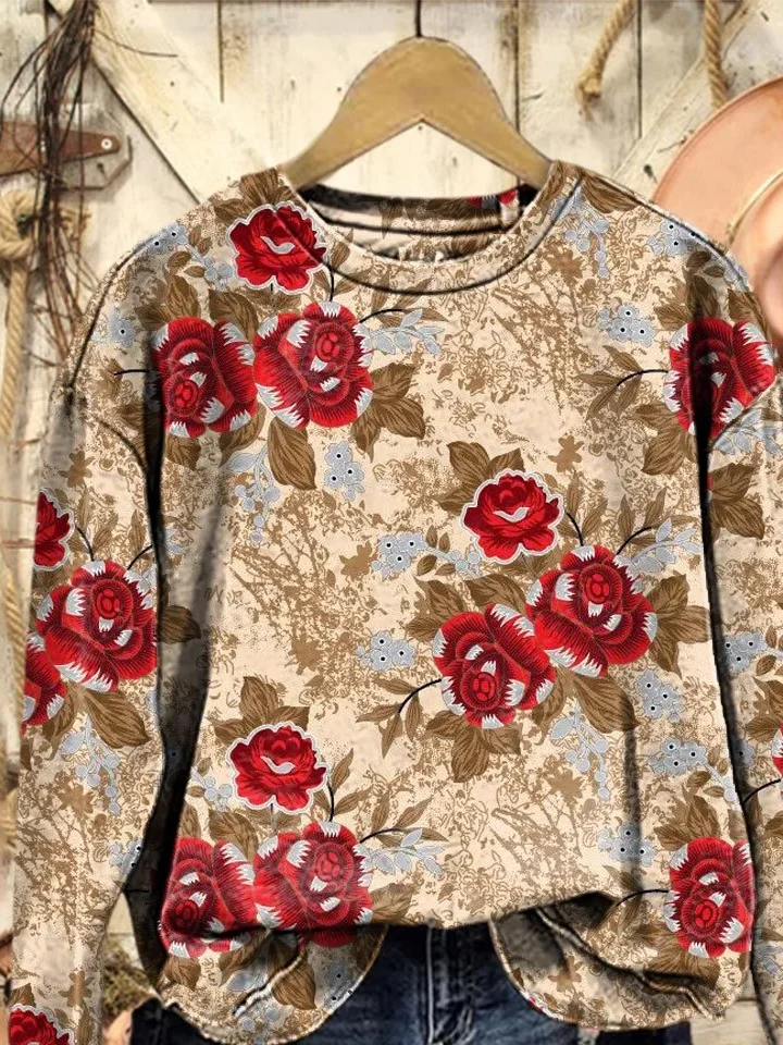 Women Floral Crew Neck Printing Casual Spring/Fall Long Sleeve Sweatshirt
