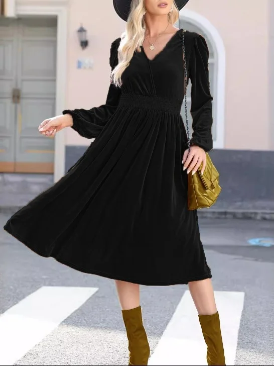 Women Plain Long Sleeve Spring/Fall Split Joint Dress V Neck Daily Vintage Maxi T-Shirt Dress A-Line Dress