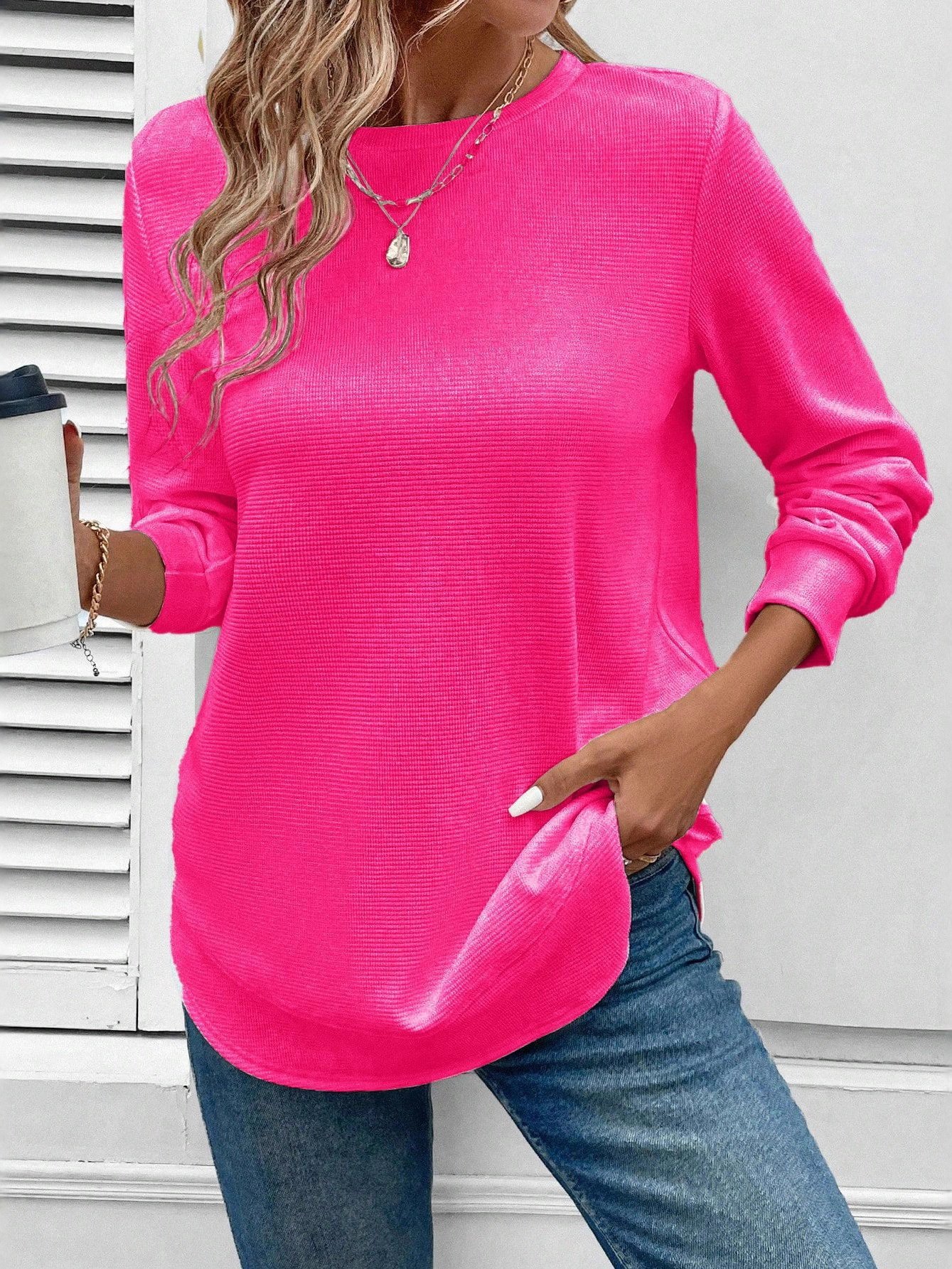 Women Plain Crew Neck Jacquard Vintage Spring/Fall Long Sleeve Sweatshirt