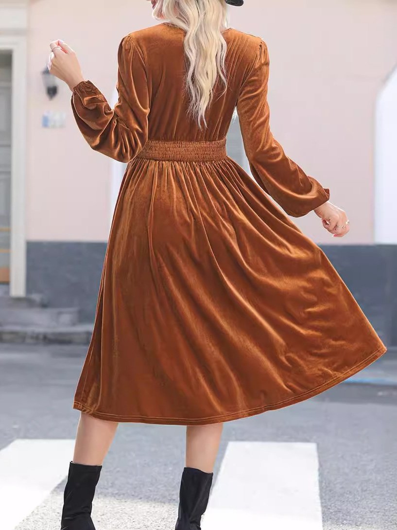Women Plain Long Sleeve Spring/Fall Split Joint Dress V Neck Daily Vintage Maxi T-Shirt Dress A-Line Dress