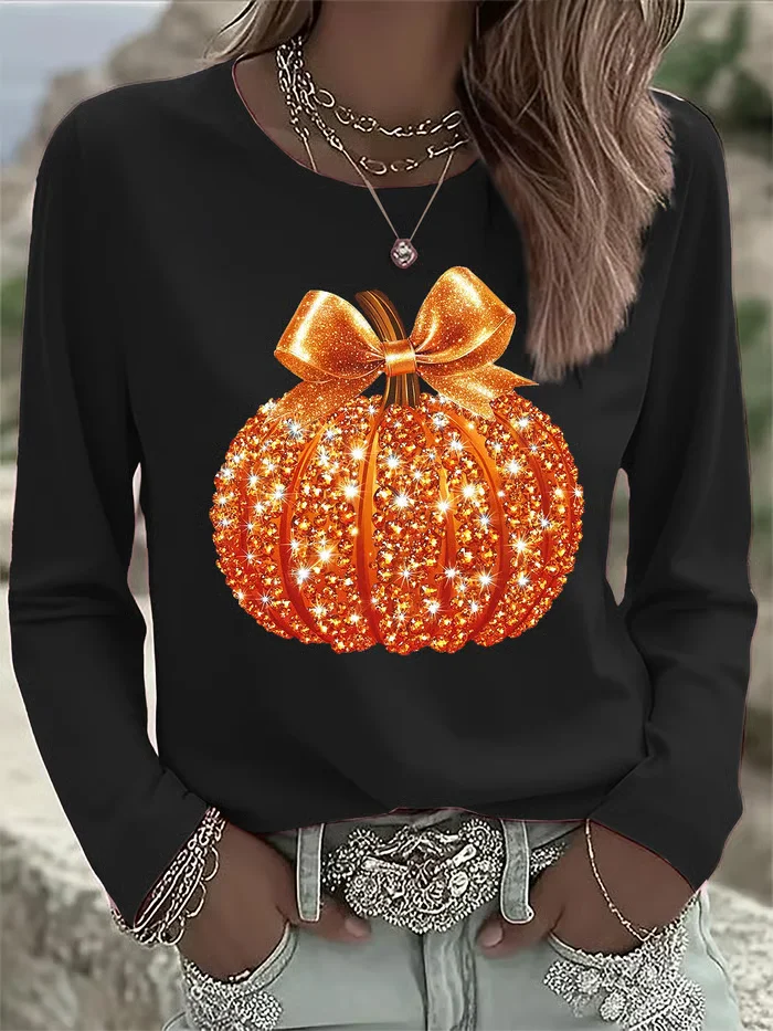 Women Halloween (pumpkin) Long Sleeve Tee T-shirt Crew Neck Printing Casual Spring/Fall Graphic Tee Top