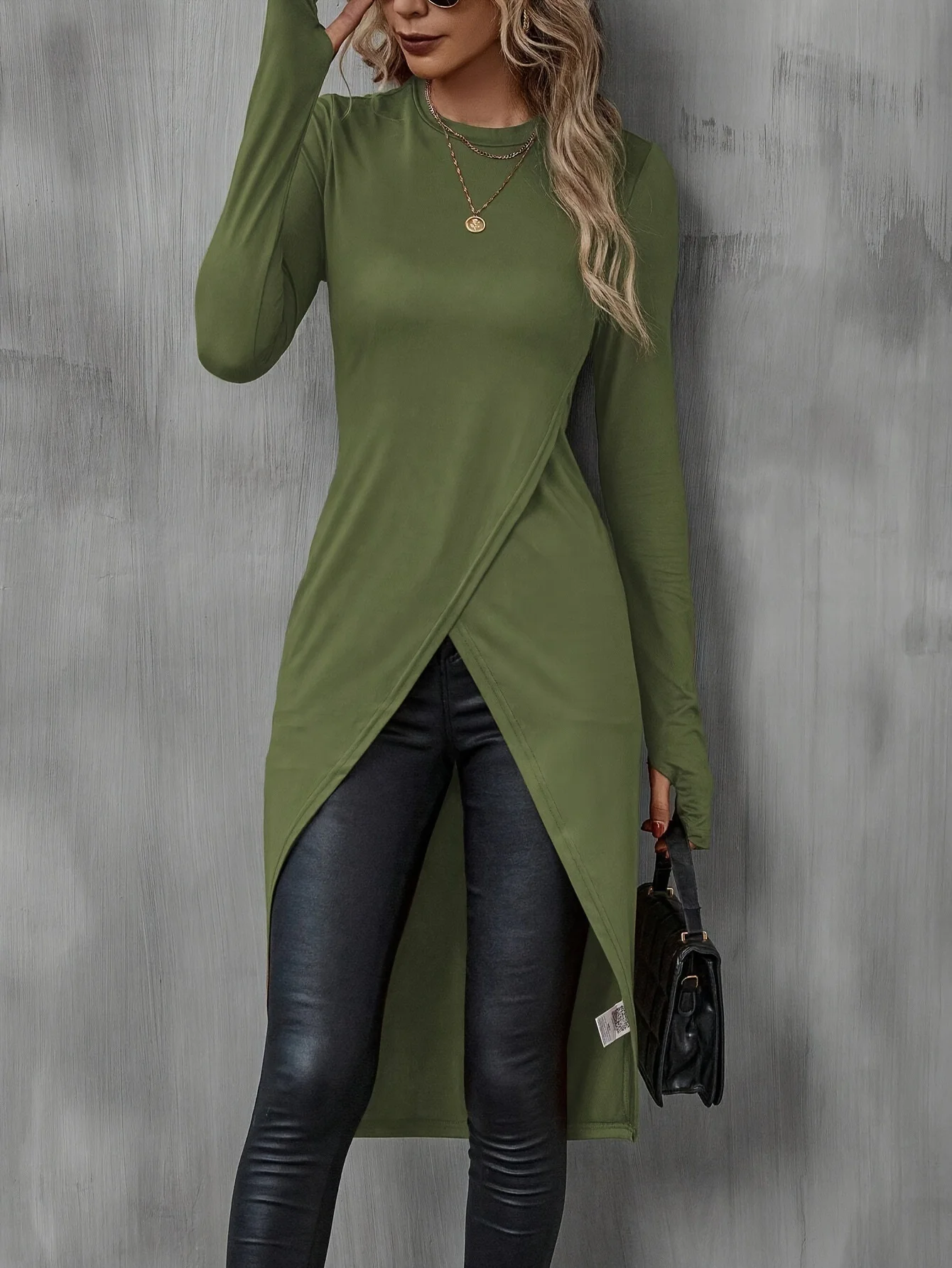 Women Plain Long Sleeve Tee T-shirt Crew Neck Split Joint Vintage Spring/Fall Top