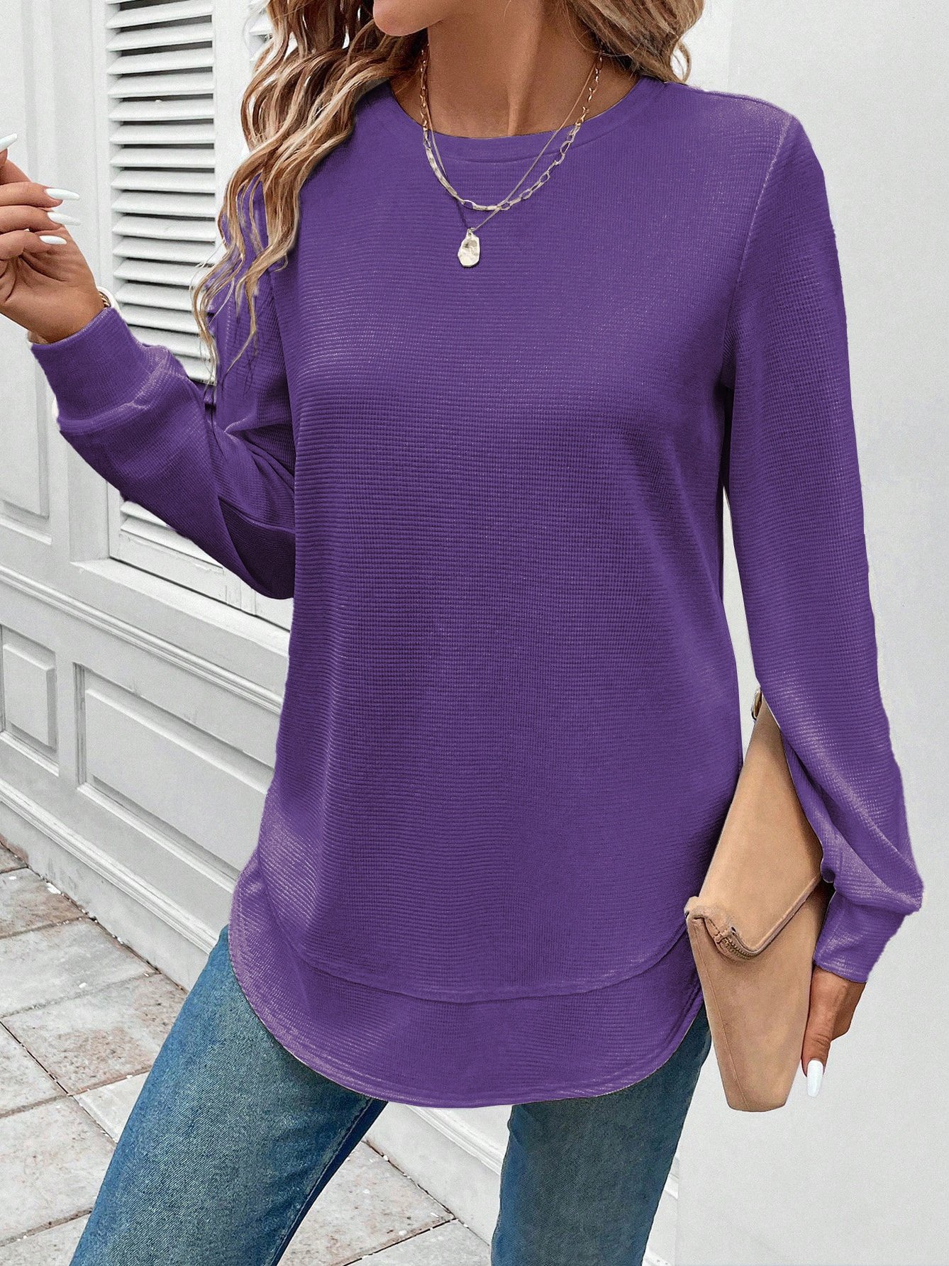 Women Plain Crew Neck Jacquard Vintage Spring/Fall Long Sleeve Sweatshirt