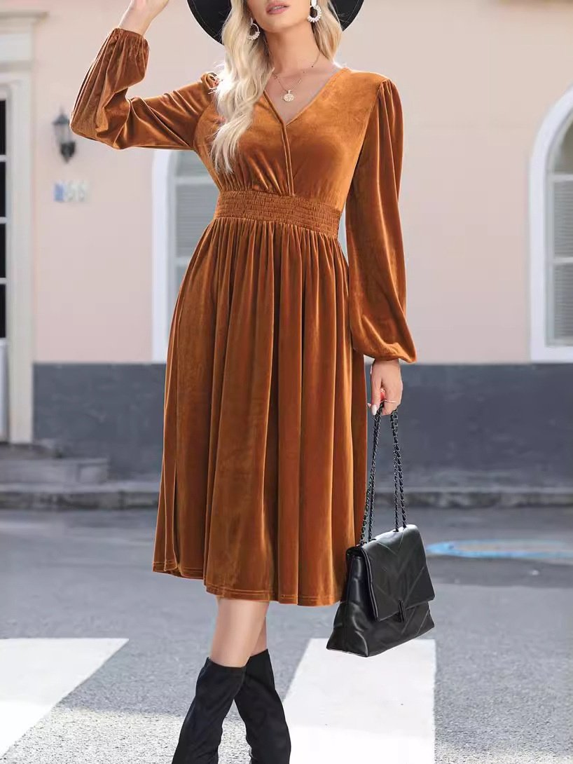 Women Plain Long Sleeve Spring/Fall Split Joint Dress V Neck Daily Vintage Maxi T-Shirt Dress A-Line Dress