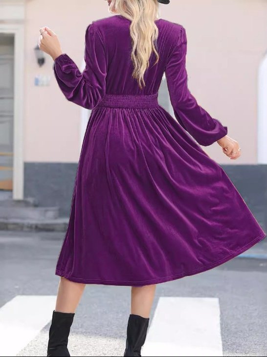 Women Plain Long Sleeve Spring/Fall Split Joint Dress V Neck Daily Vintage Maxi T-Shirt Dress A-Line Dress