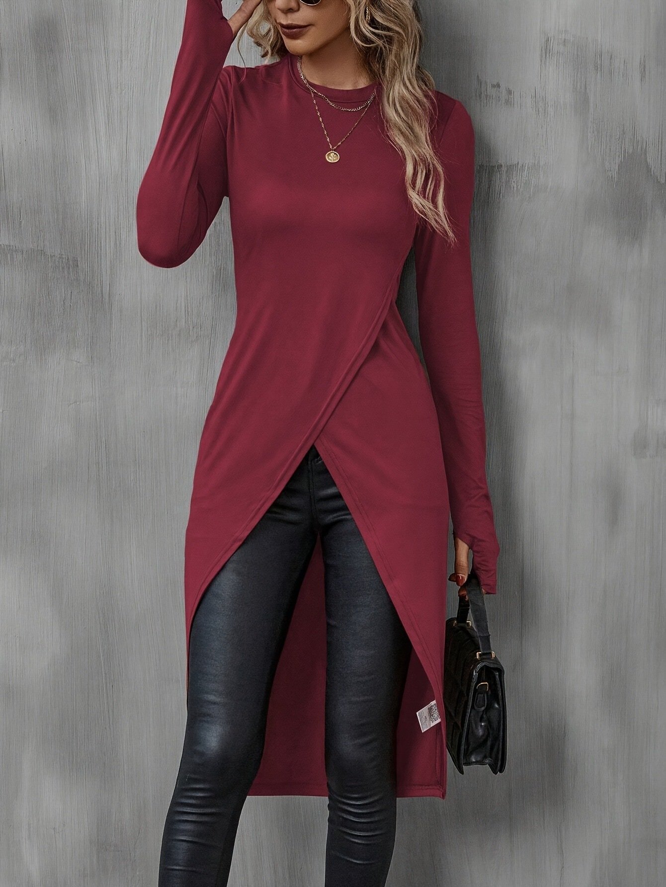 Women Plain Long Sleeve Tee T-shirt Crew Neck Split Joint Vintage Spring/Fall Top