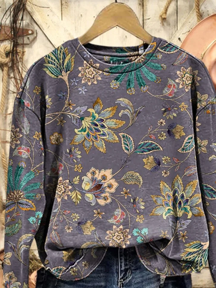 Women Floral Crew Neck Printing Casual Spring/Fall Long Sleeve Sweatshirt