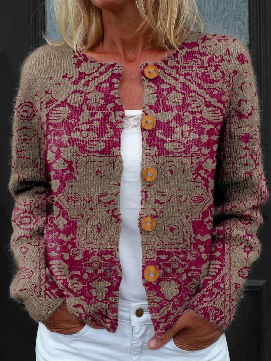Women Geometric Vintage Spring/Fall Buttons Knitted Cardigan