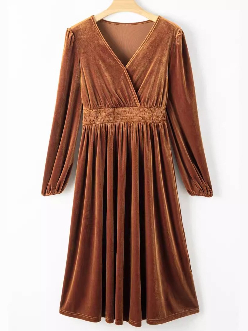 Women Plain Long Sleeve Spring/Fall Split Joint Dress V Neck Daily Vintage Maxi T-Shirt Dress A-Line Dress
