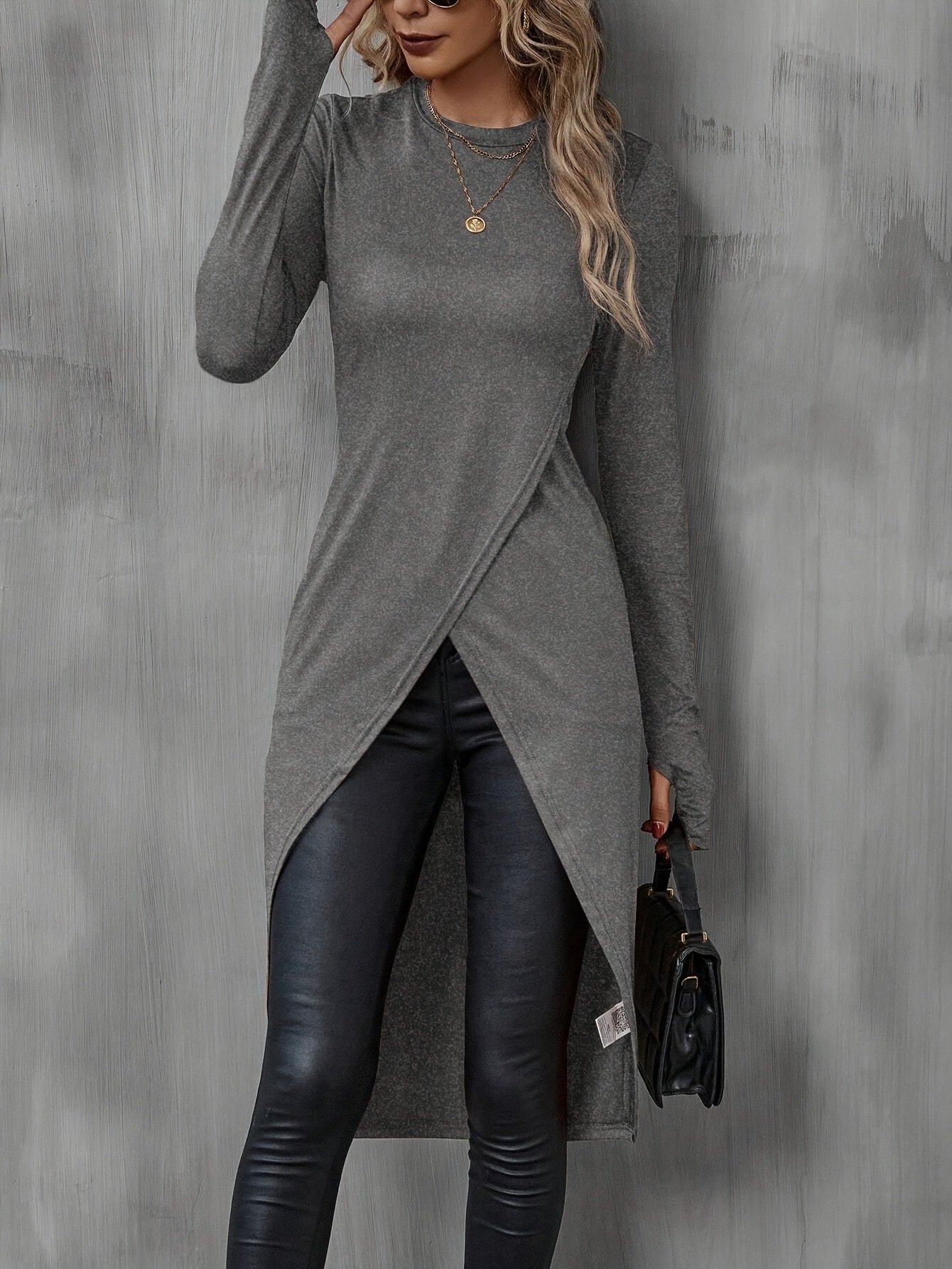 Women Plain Long Sleeve Tee T-shirt Crew Neck Split Joint Vintage Spring/Fall Top