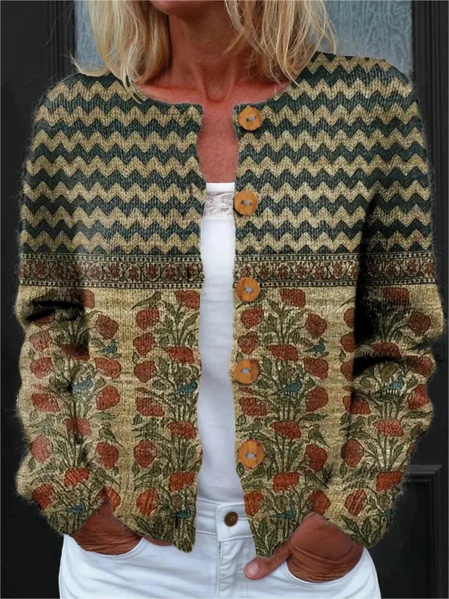 Women Geometric Vintage Spring/Fall Buttons Knitted Cardigan